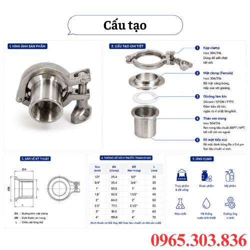 Cấu tạo bộ clamp ren trong inox vi sinh