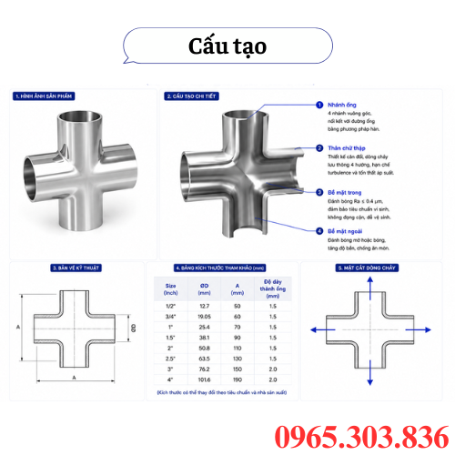 Cấu tạo chữ thập inox vi sinh nối hàn