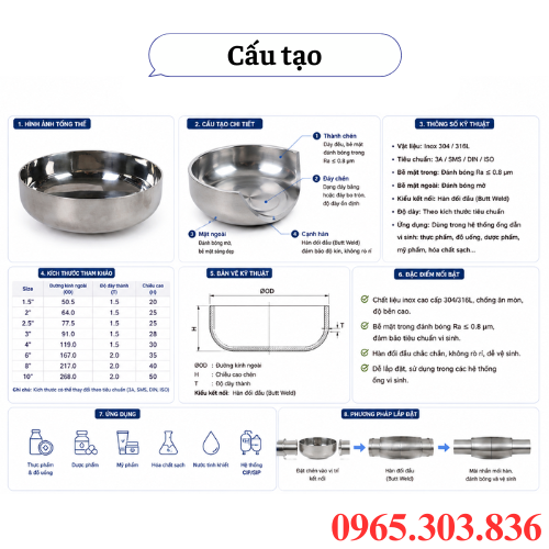 Cấu tạo cơ bản chén hàn inox vi sinh