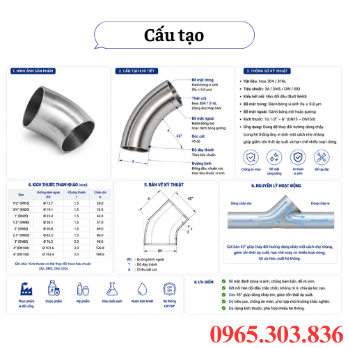 Cấu tạo cơ bản cút hàn 45 độ inox vi sinh