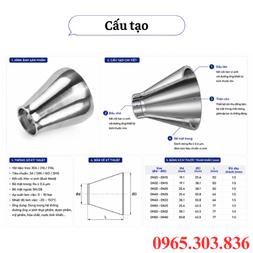 Cấu tạo côn thu vi sinh nối hàn inox 304/316