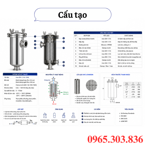 Cấu tạo cột lọc khe Johnson inox vi sinh