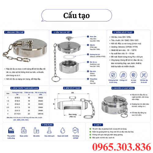 Cấu tạo nắp bịt rắc co inox vi sinh
