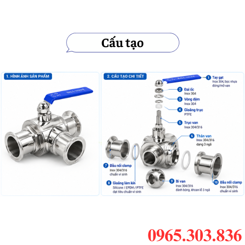 Cấu tạo van bi 3 ngã inox vi sinh tay gạt