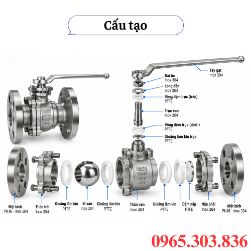 Cấu tạo van bi inox 304 PN16