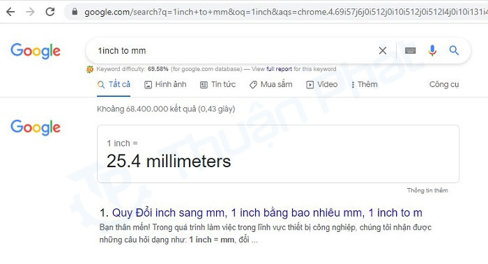 Quy đổi bích kích cỡ từ inch sang mm bằng google chrome